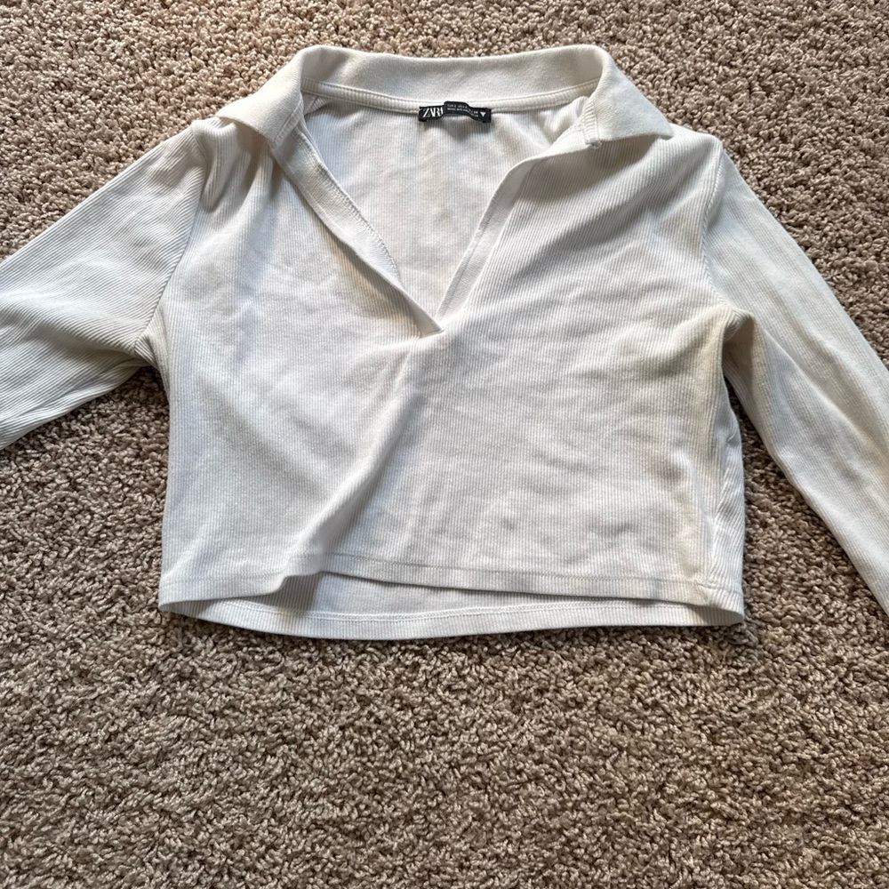 Zara White 3/4 Sleeve Polo Crop Blouse
